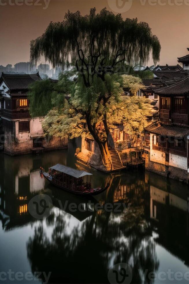 l'eau ville des arbres et rivière. génératif ai. photo