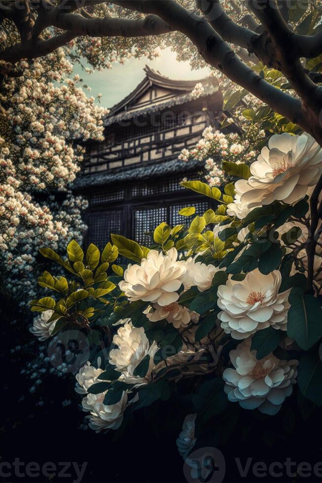 dans plein Floraison plus de grandir avec dense blanc camélia. génératif ai. photo