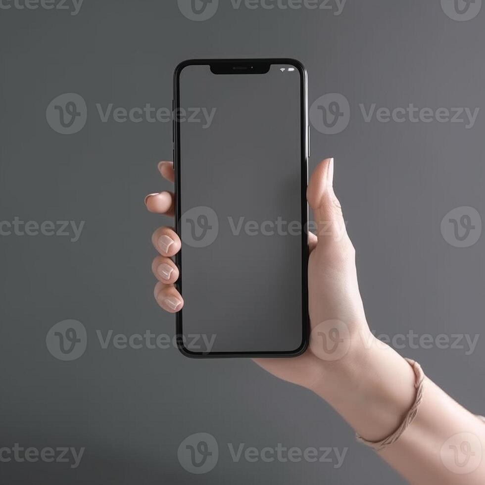 ai génératif main en portant téléphone intelligent avec Vide écran sur gris Contexte. moquer en haut , photo