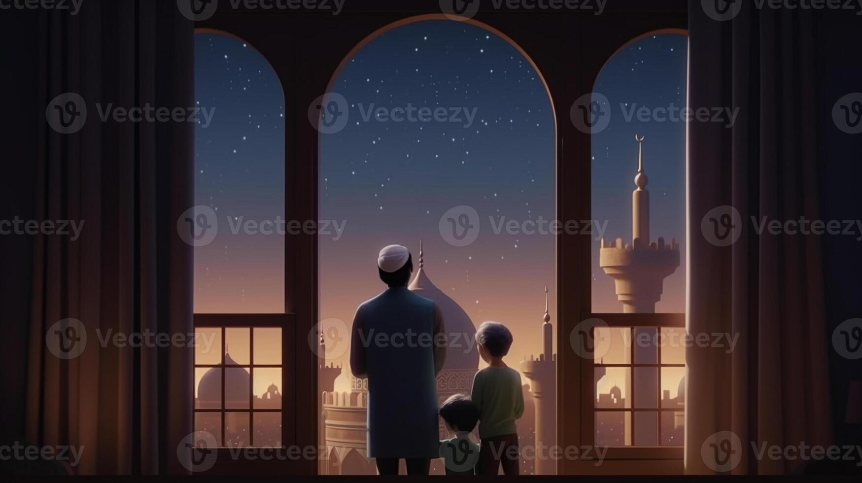 ai génératif musulman famille à la recherche à mosquée eid concept photo