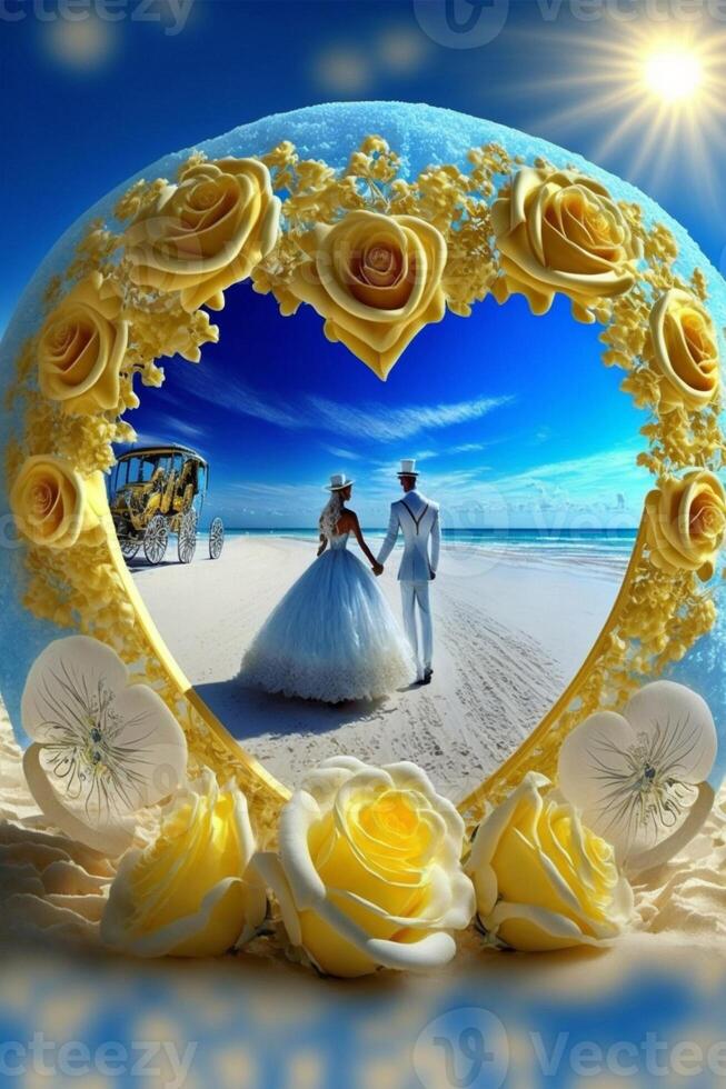 image de une la mariée et jeune marié sur le plage. génératif ai. photo