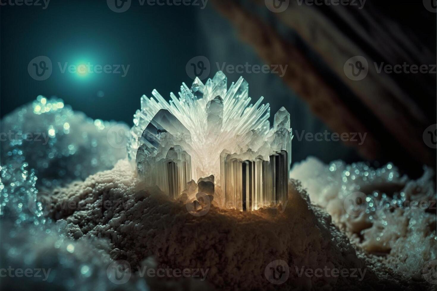 grappe de cristaux séance sur Haut de une pile de sable. génératif ai. photo