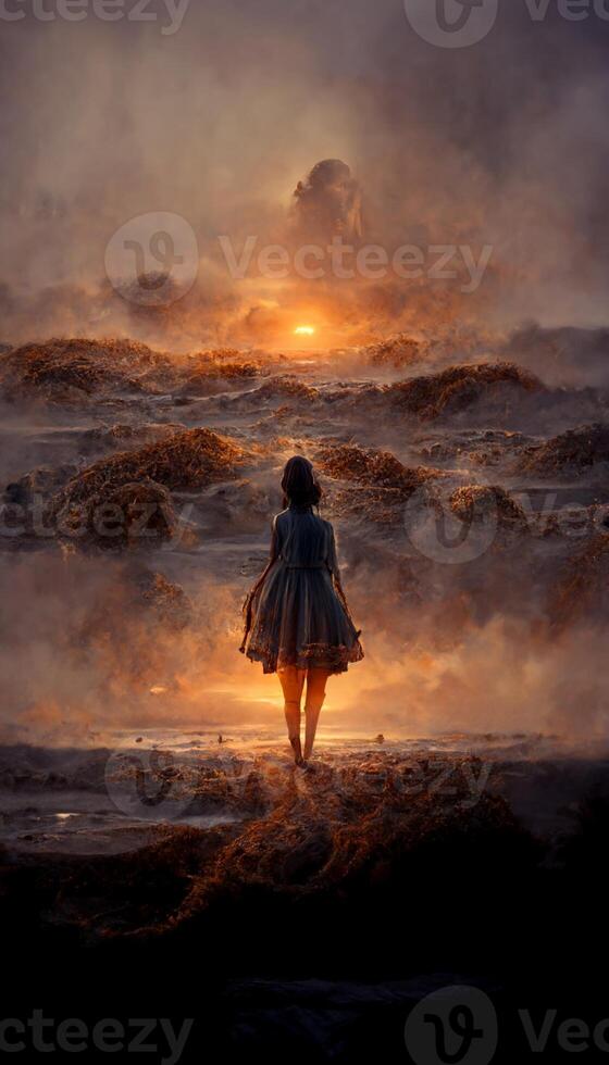 femme permanent sur Haut de une plage suivant à le océan. génératif ai. photo