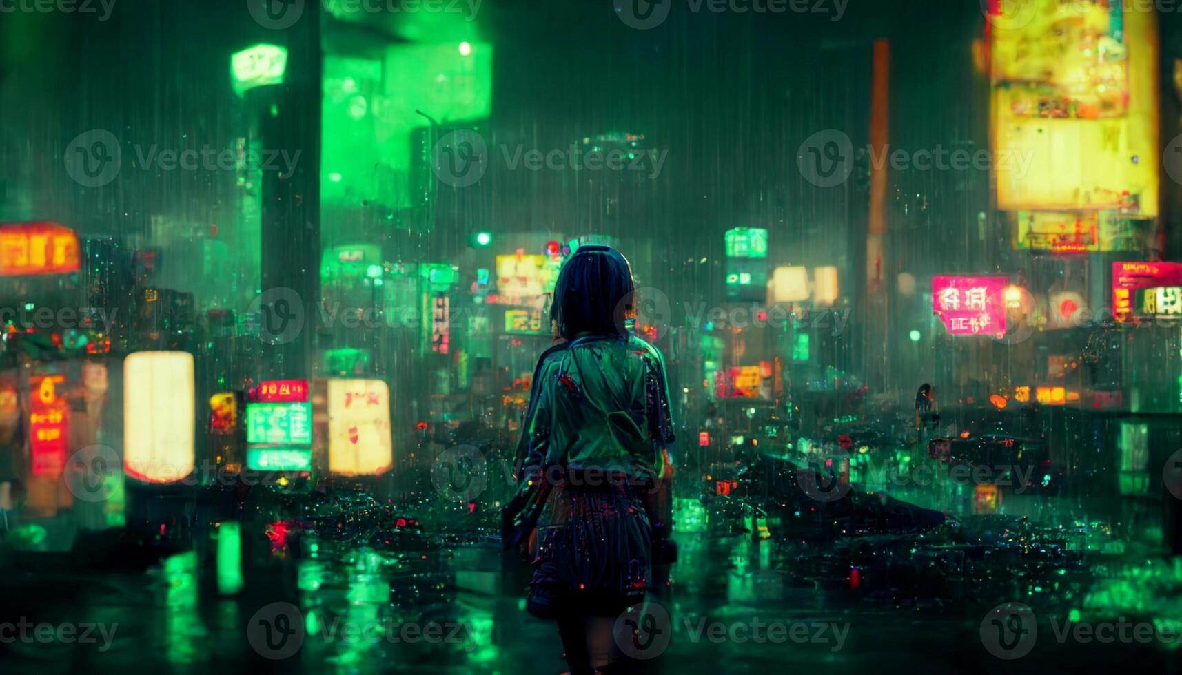 femme permanent dans le pluie dans une ville à nuit. génératif ai. photo