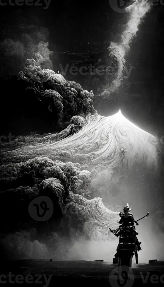 noir et blanc photo de une samouraï avec une épée. génératif ai.