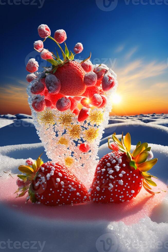 couple de des fraises séance sur Haut de une neige couvert sol. génératif ai. photo