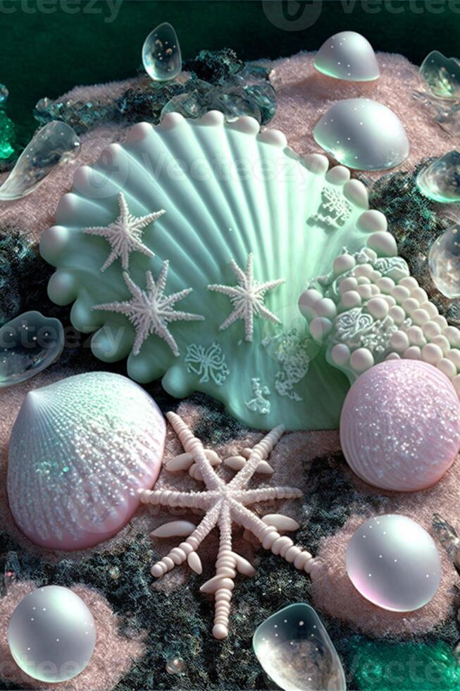 gâteau décoré avec mer coquilles et coquillages. génératif ai. photo