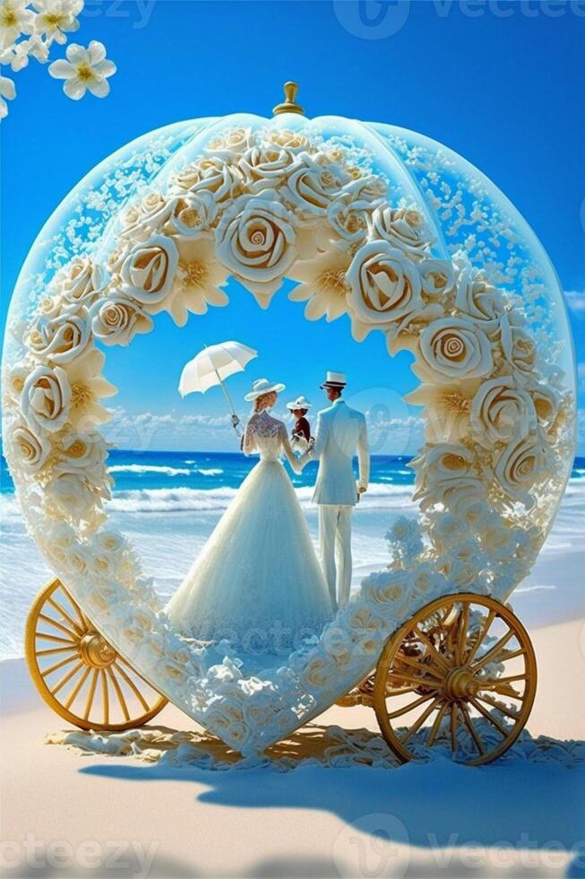 la mariée et jeune marié permanent dans de face de une cœur en forme de gâteau. génératif ai. photo
