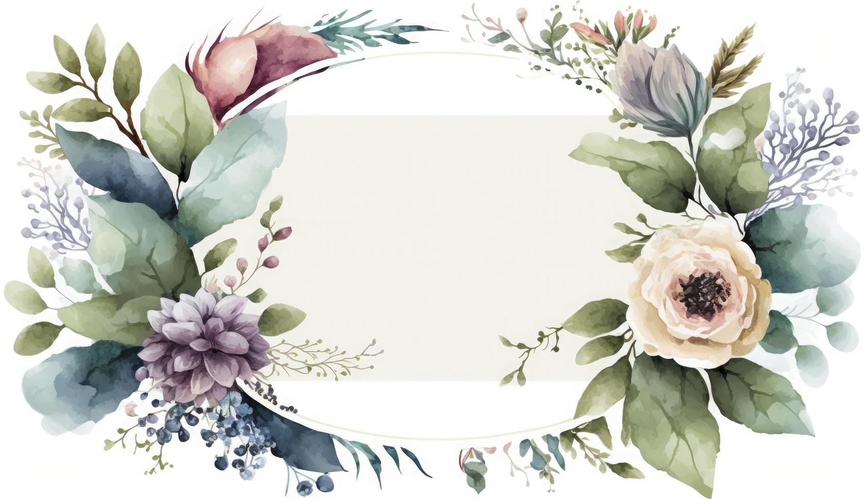 aquarelle floral illustration ensemble - bouquets, cadre, frontière. fleurs, rose, pivoine, feuille branches collection. mariage invite, fonds d'écran, mode. eucalyptus olive feuilles camomille, produire ai photo