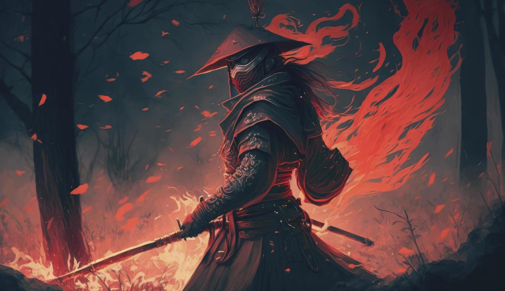 une samouraï dans une démoniaque rouge masque sur le champ de bataille fait du une balançoire avec une katana création une grésillant Feu bague autour, il est une mystique martial. illustration peinture, produire ai photo