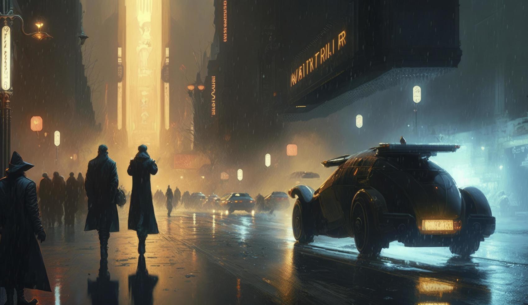 une scène de une science fiction film, comme lame coureur, avec une futuriste paysage urbain dans le pluie, avec en volant voitures, néon lumières, et gens dans longue manteaux pressé, produire ai photo