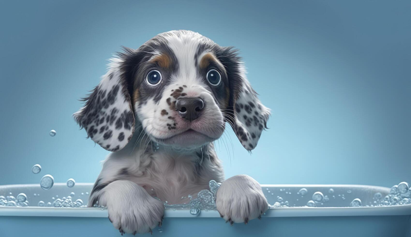 mignonne chiot chien dans baignoire, animaux domestiques nettoyage sur bleu arrière-plan, génératif ai photo