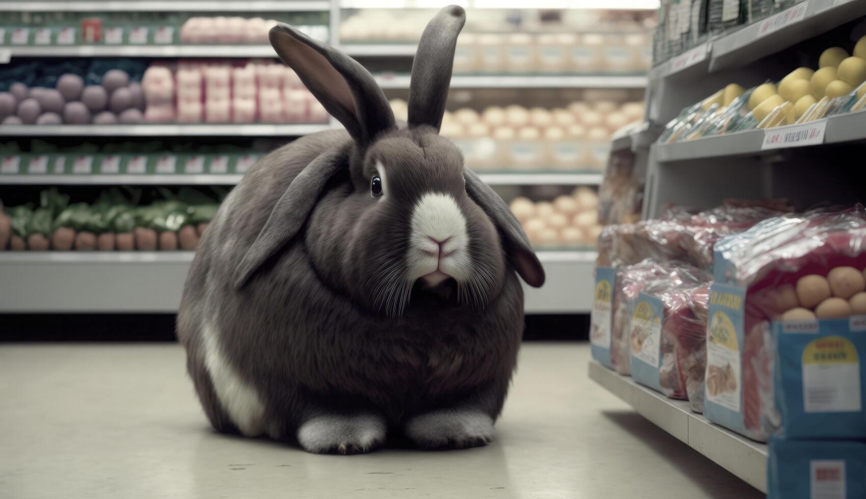 Pâques lapin achète Pâques des œufs dans le supermarché. génératif ai. photo