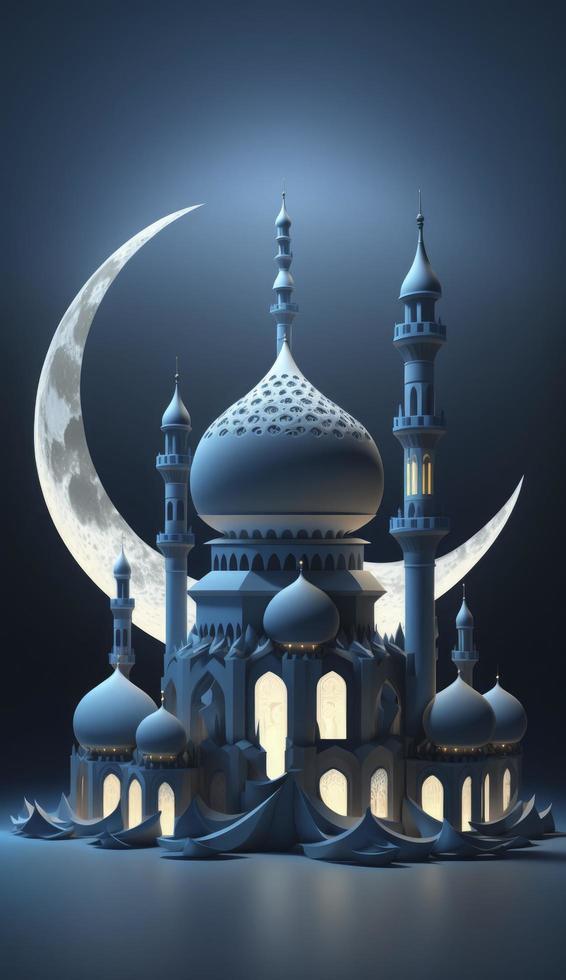 mosquée et lune sur bleu Contexte. 3d rendre et illustration, produire ai photo