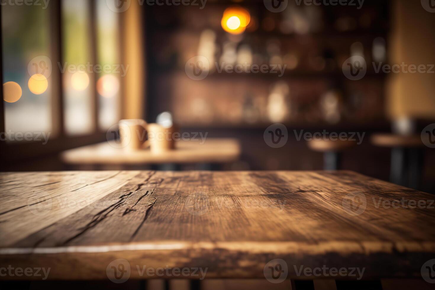 en bois table dans de face de abstrait flou café magasin Contexte. ai généré photo