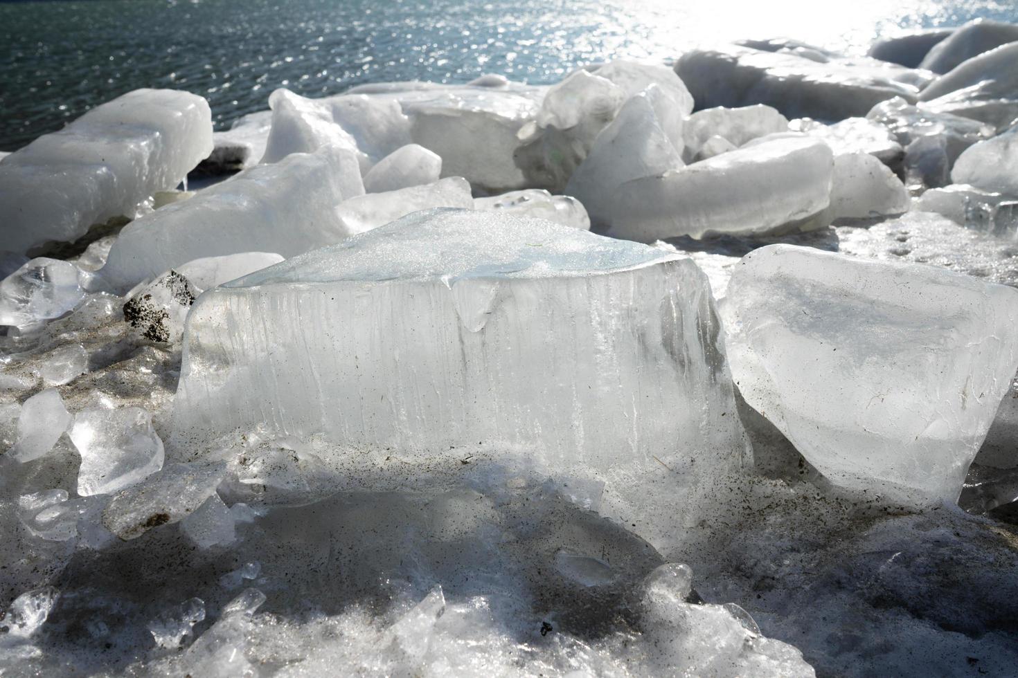 blocs de glace sur une rive à côté d'un plan d'eau photo