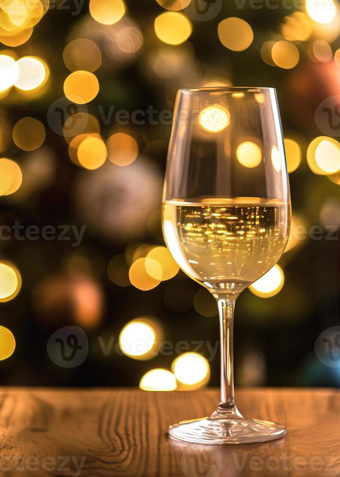 verre de blanc du vin sur une en bois table avec bokeh lumières Contexte photo