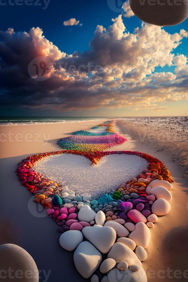 cœur fabriqué en dehors de rochers sur une plage. génératif ai. photo