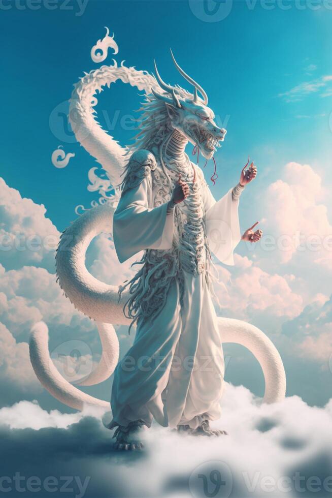 blanc dragon permanent sur Haut de une nuage couvert sol. génératif ai. photo