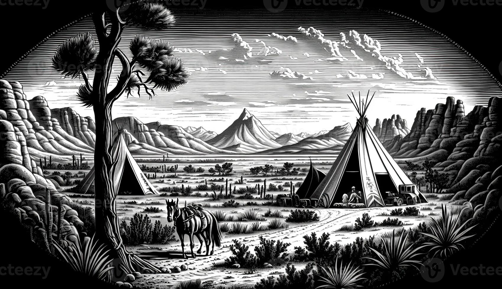 ai généré. ai génératif. originaire de américain occidental scène Contexte avec cow-boy wigwam desrt et rochers. pouvez être utilisé pour Accueil décoration. sauvage Ouest. noir et blanche. graphique art photo