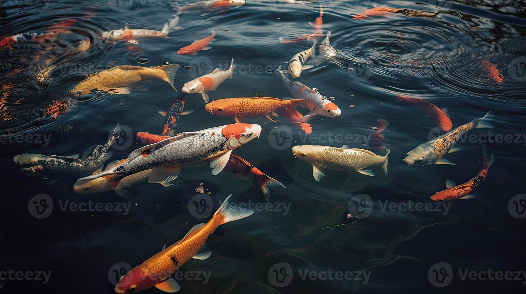 aérien vue de koi carpes nager dans étang. génératif ai. photo