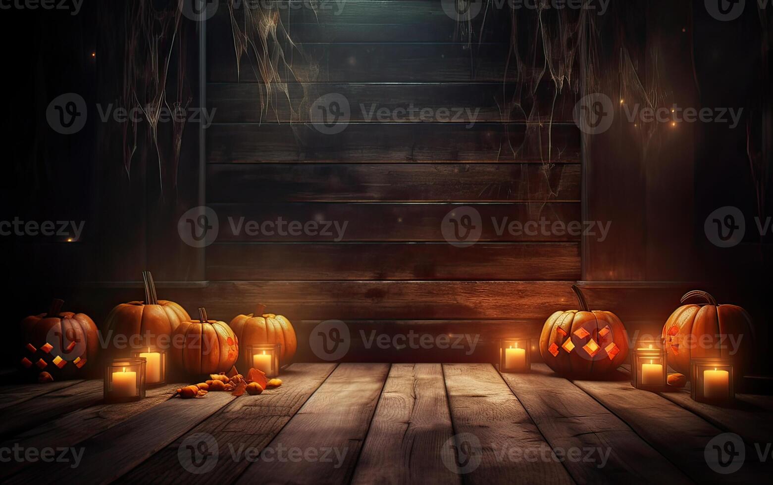 effrayant Halloween citrouille, jack o lanterne, avec un mal visage et yeux sur une en bois banc, table avec une brumeux nuit Contexte avec espace pour produit placement. génératif ai. photo