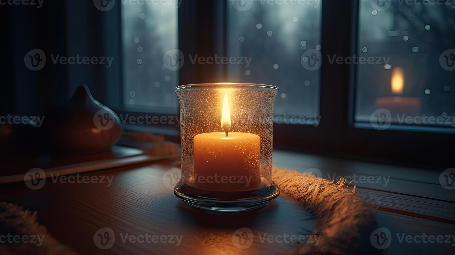 bougies brûler dans verre bocaux. confort à maison. bougie dans une marron pot. parfum et lumière. parfumé Fait main bougie. arôme thérapie. Noël arbre et hiver ambiance. génératif ai. photo