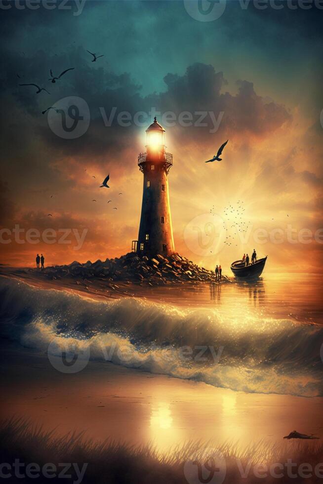 La peinture de une phare sur une petit île. génératif ai. photo