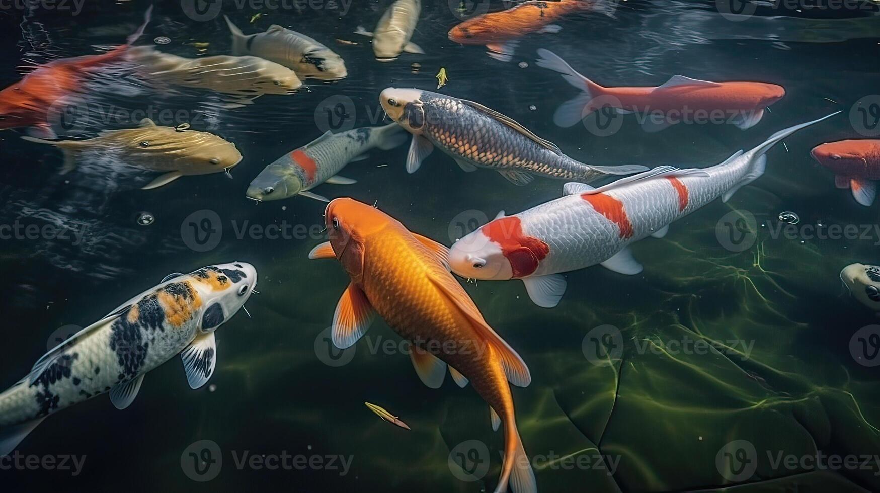 aérien vue de koi carpes nager dans étang. génératif ai. photo