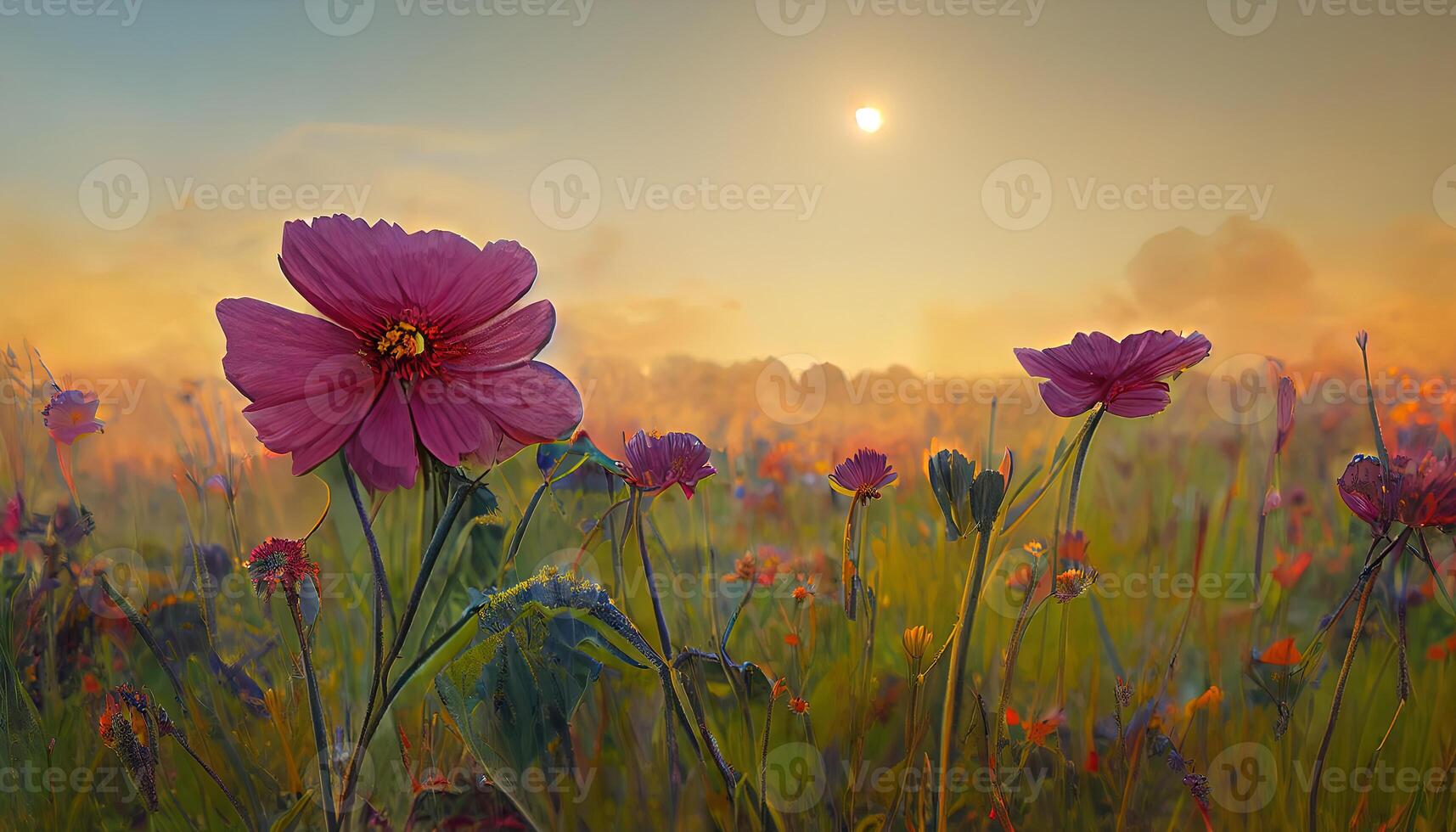 une cosmos fleur visage à lever du soleil dans champ, détaillé, coloré. génératif ai photo