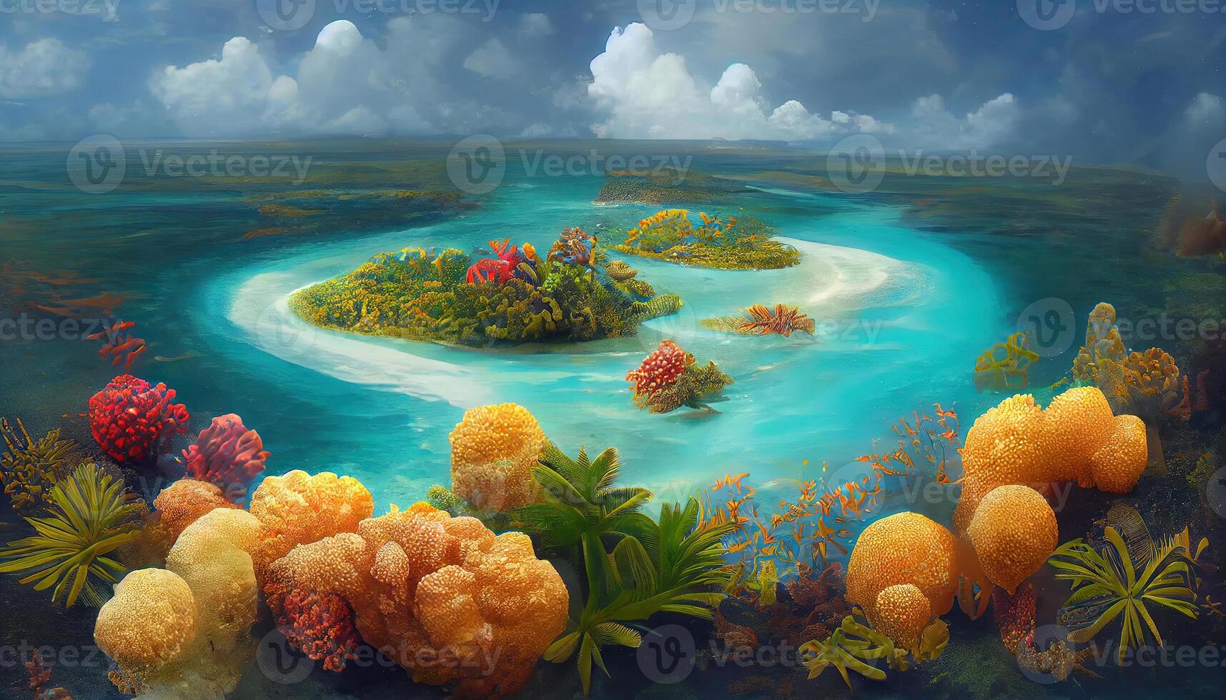 chaud été. tropical île peinture. 2d illustration, large brosse numérique art. génératif ai photo