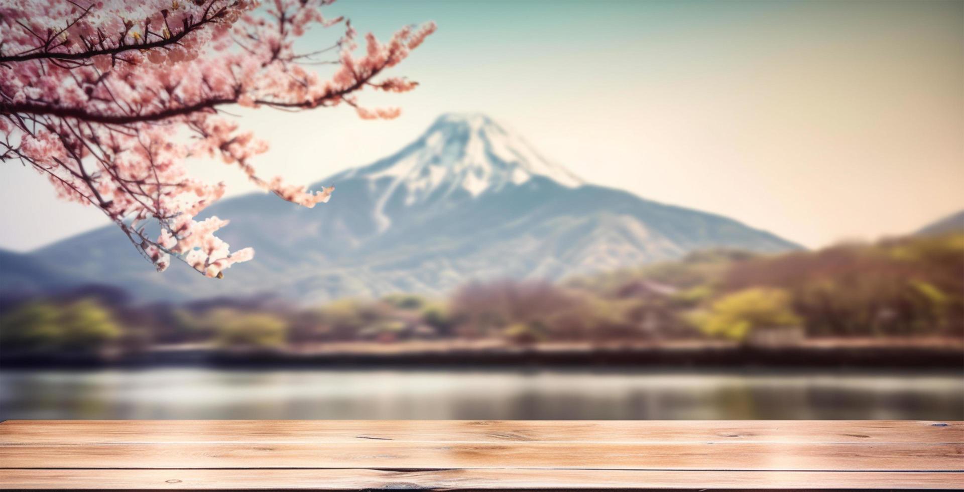 vide en bois table avec printemps Cerise fleur décoration. flou bokeh Montagne et Lac vue Contexte. copie espace. pour produit afficher. modèles, médias, impression, etc., produire ai photo