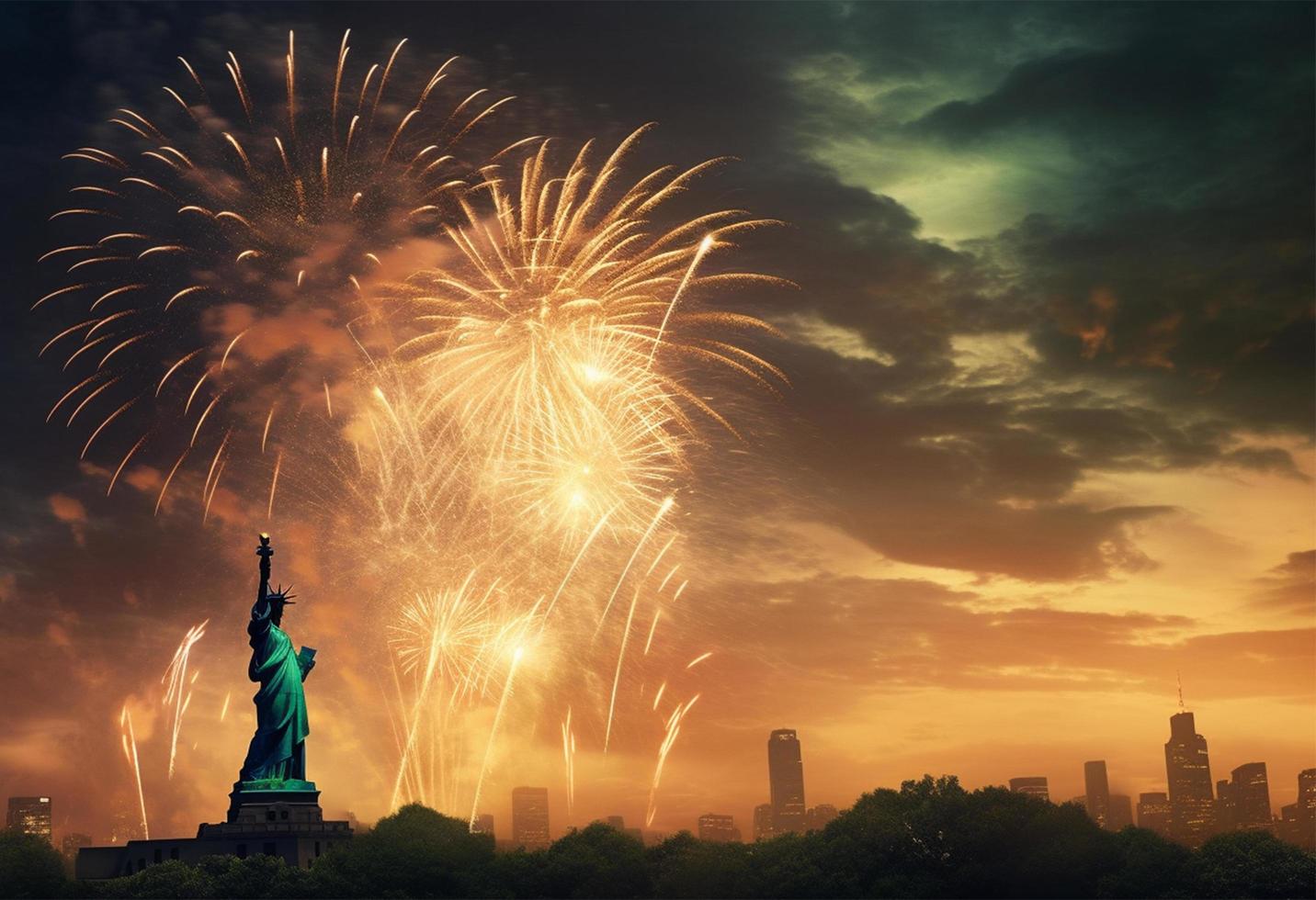 Contexte paysage de statue de liberté, ville et feux d'artifice décoration, américain indépendance journée fête concept, produire ai photo