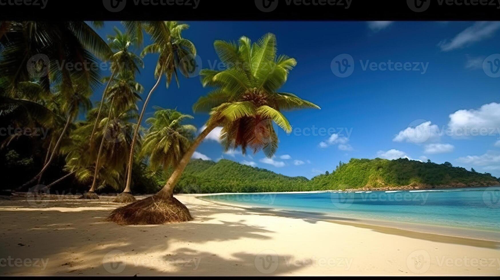 exotique tropical plage avec paume des arbres près le mer ou océan pour relaxation. ai généré. photo