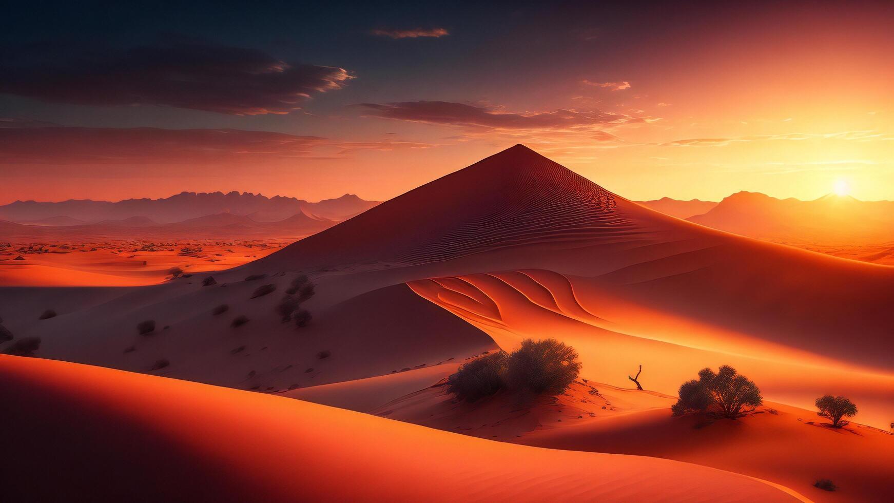 désert paysage avec arbre et le sable dunes à le coucher du soleil. ai généré photo