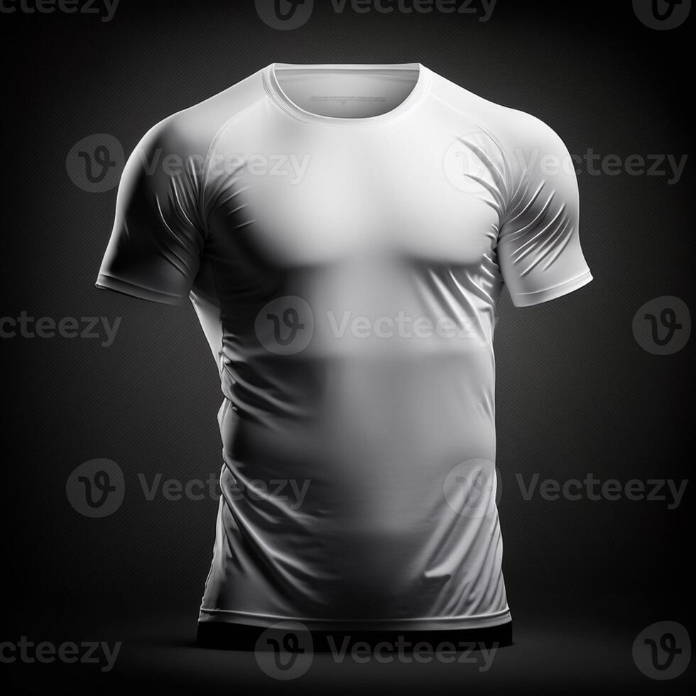 Vide blanc T-shirt maquette, fermer en haut blanc sport T-shirt sur foncé Contexte ,génératif ai photo