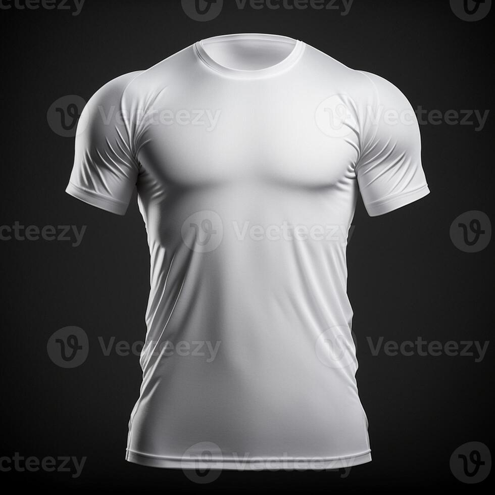 Vide blanc T-shirt maquette, fermer en haut blanc sport T-shirt sur foncé Contexte ,génératif ai photo