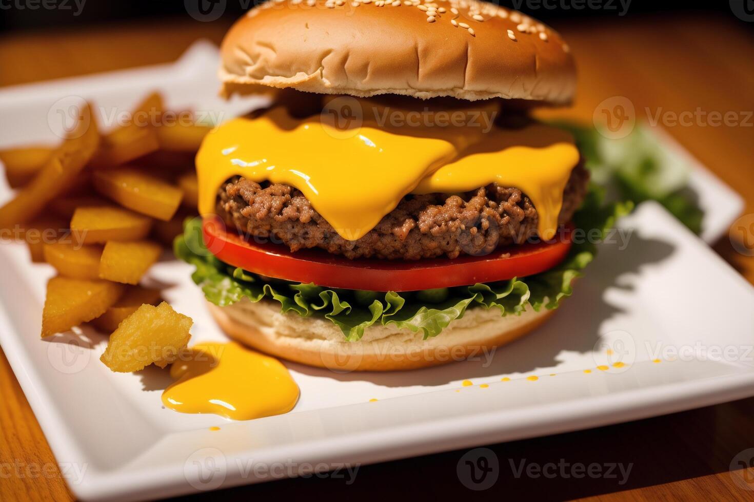 fermer de savoureux Hamburger avec fromage et des légumes sur noir Contexte. génératif ai photo