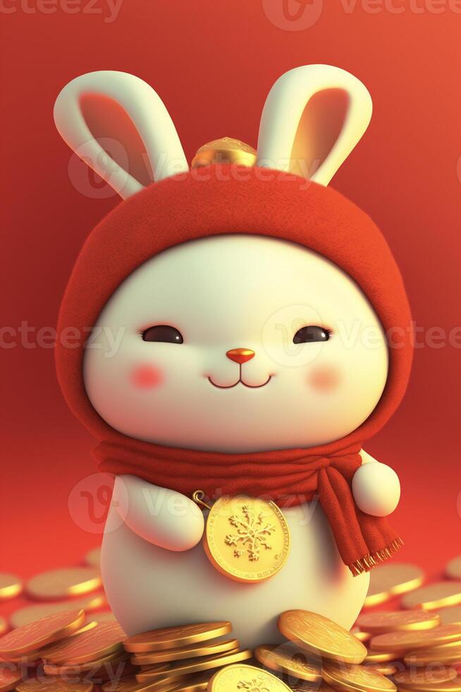 blanc lapin portant une rouge chapeau et écharpe permanent sur une pile de or pièces de monnaie. génératif ai. photo