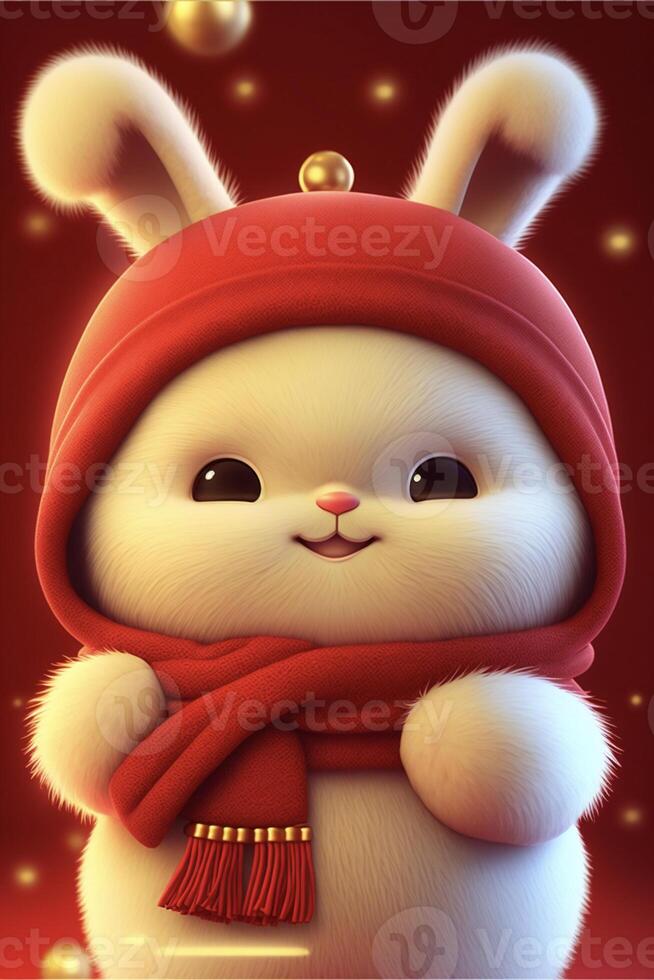 blanc lapin portant une rouge chapeau et foulard. génératif ai. photo