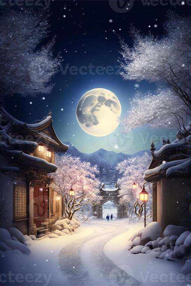 neigeux nuit avec une plein lune dans le ciel. génératif ai. photo