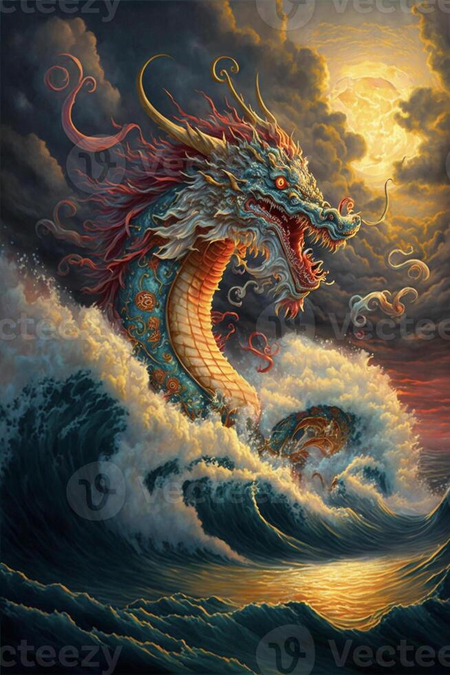 La peinture de une dragon équitation une vague. génératif ai. photo