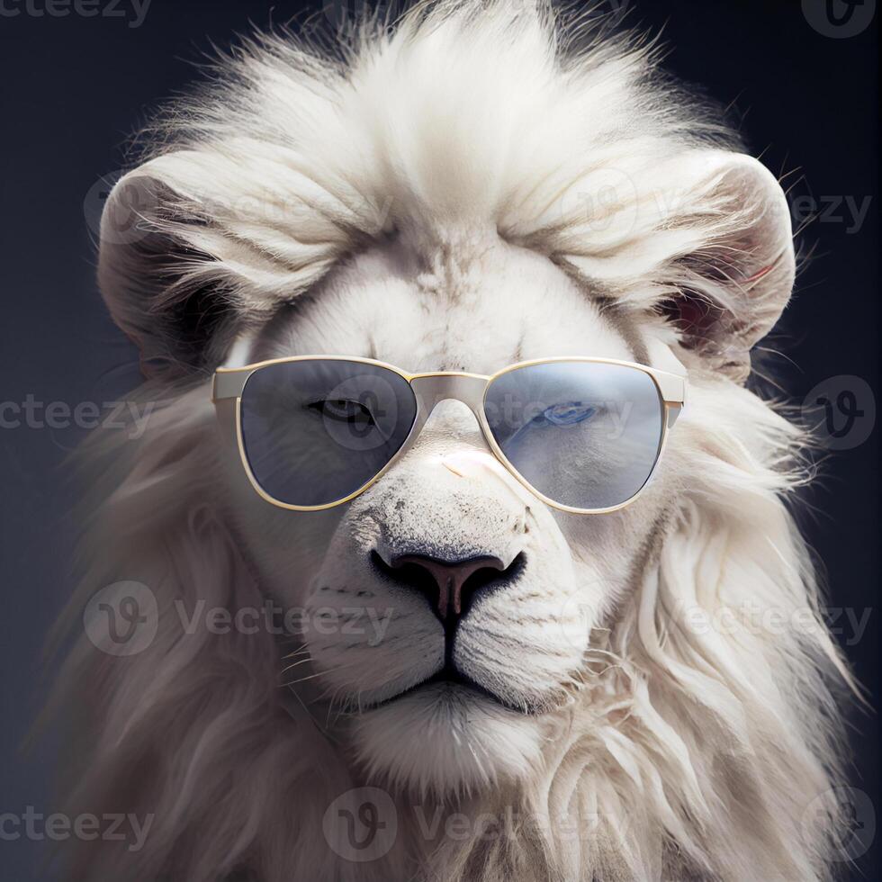 proche en haut de une Lion portant des lunettes de soleil. génératif ai. photo