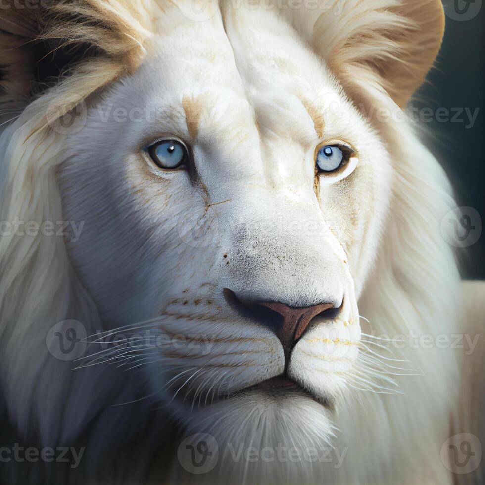 proche en haut de une blanc Lion avec bleu yeux. génératif ai. photo