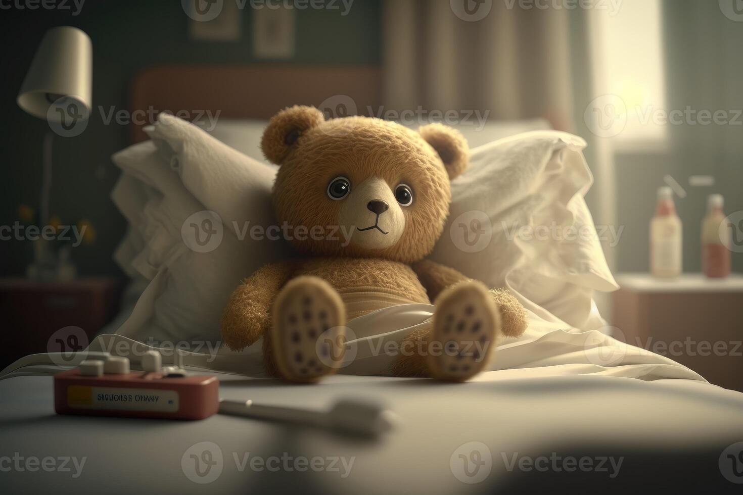 poupée ours en peluche allongée dans le lit blanc 8118000 Photo de stock  chez Vecteezy