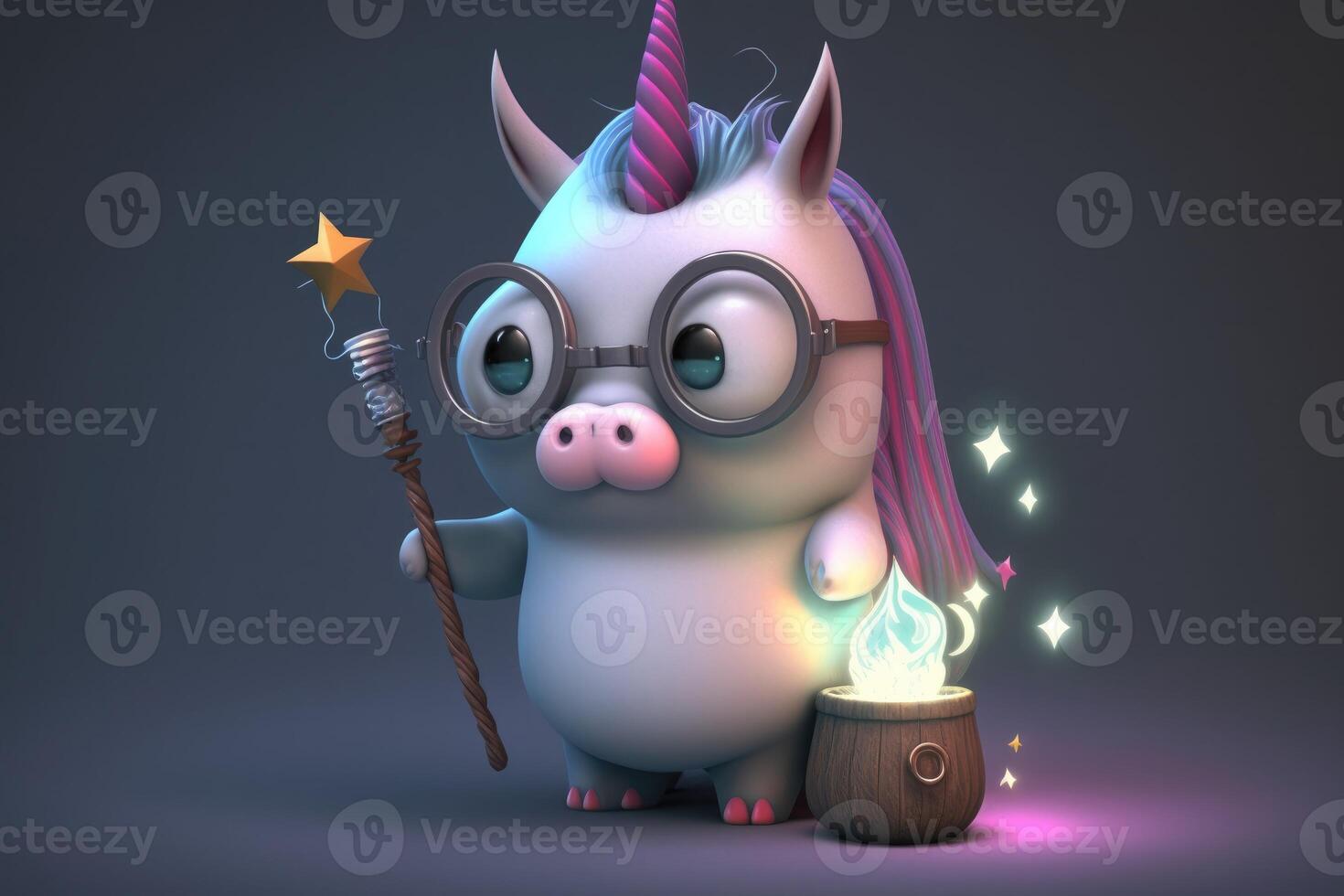 3d mignonne Licorne sorcier dessin animé. ai généré photo