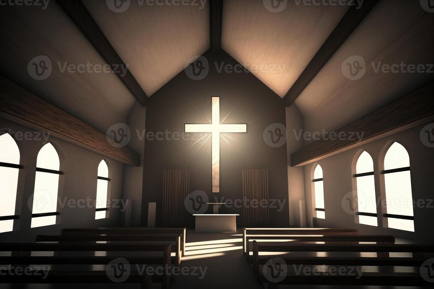 ai généré Christian église avec une religieux traverser et aura lumière dans le entier chambre. photo