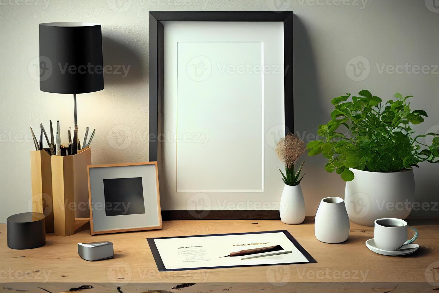 moquer en haut affiche ou photo Cadre sur table minimalisme grenier bureau espace . ai généré