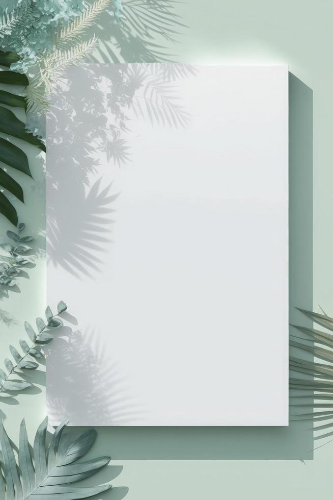 Vide blanc dessin Toile sur menthe coloré surface avec paume feuilles, Accueil les plantes et doux floral ombres, produire ai photo