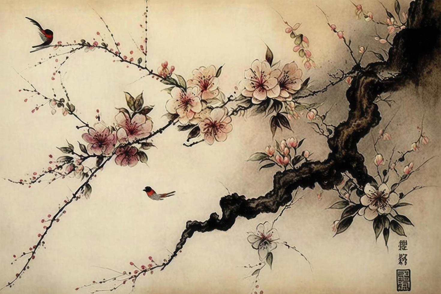 chinois paysage La peinture Cerise fleur impression art, Japonais